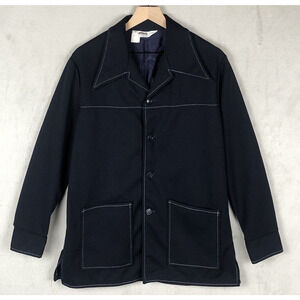 VTG MONTGOMERY WARD Jacket Sz L (42") Blue Pointy Collar USA 70s‎ Pockets Button